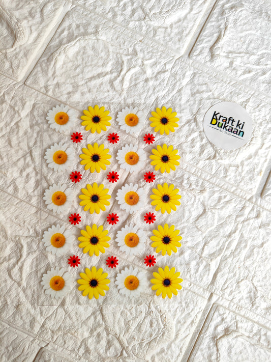UV DTF peel-off sticker sheet with yellow daisy flowers and red accents, Krafti Udaan logo