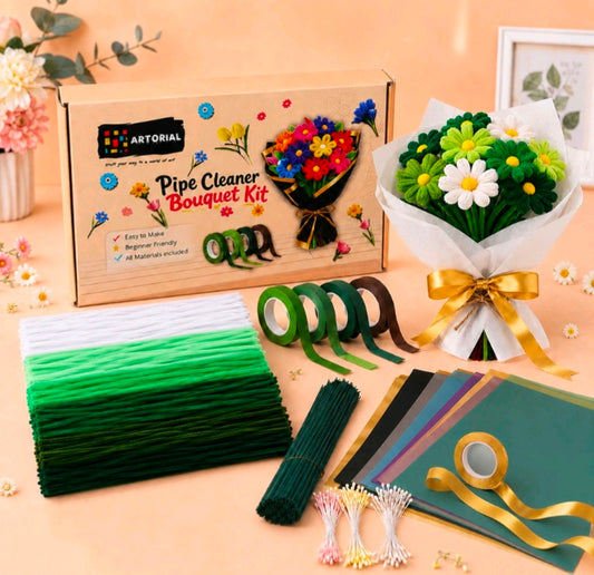 DIY pipe cleaner bouquet kit with finished green-and-white flower bouquet and materials