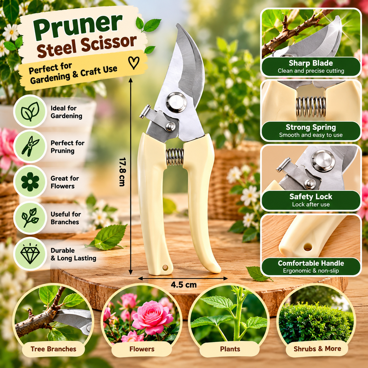 Steel pruning scissor with cream handle, sharp blades and safety lock