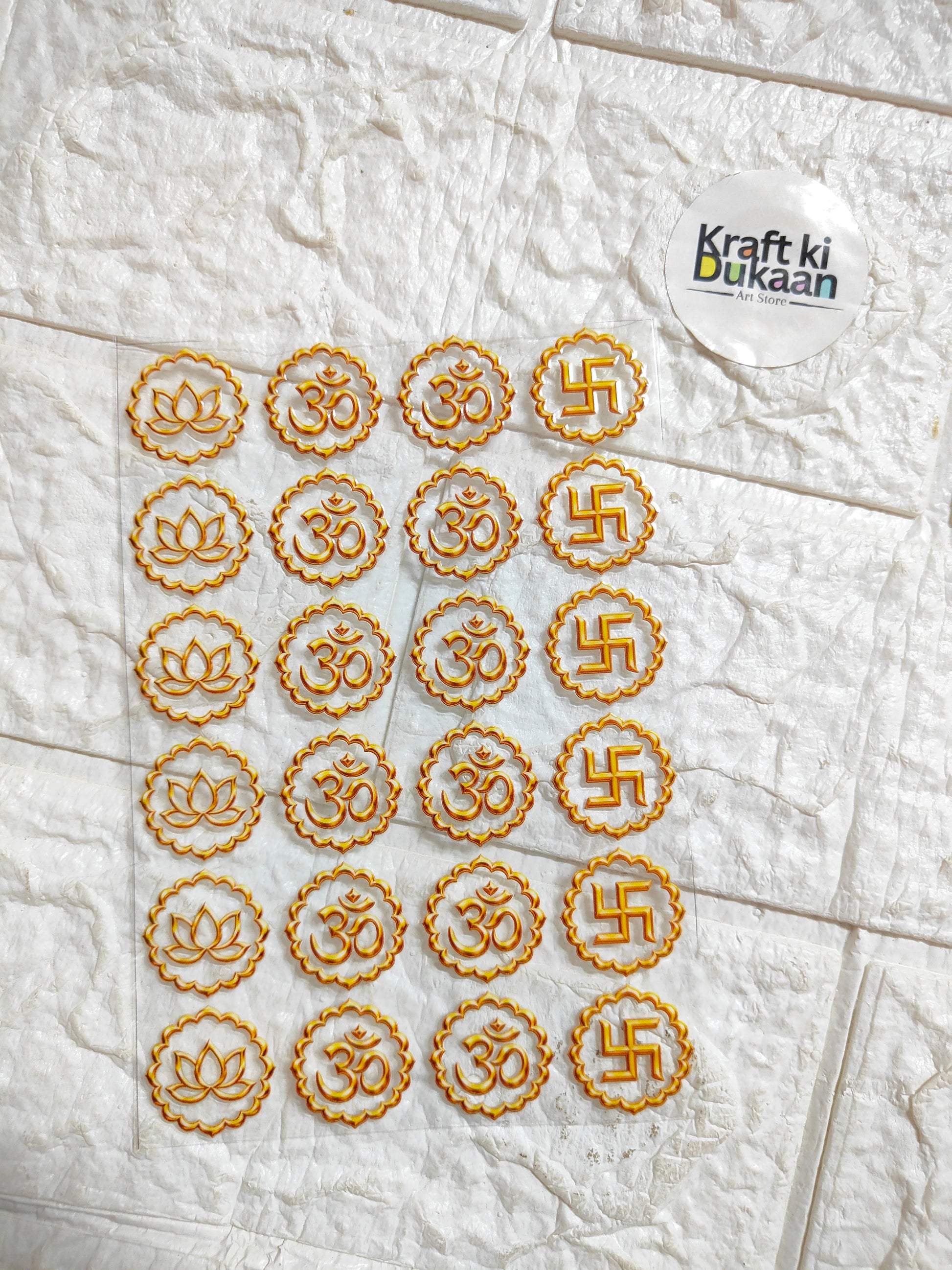 Peel-off Diwali decorative sticker sheet with orange-gold lotus and numeral icons