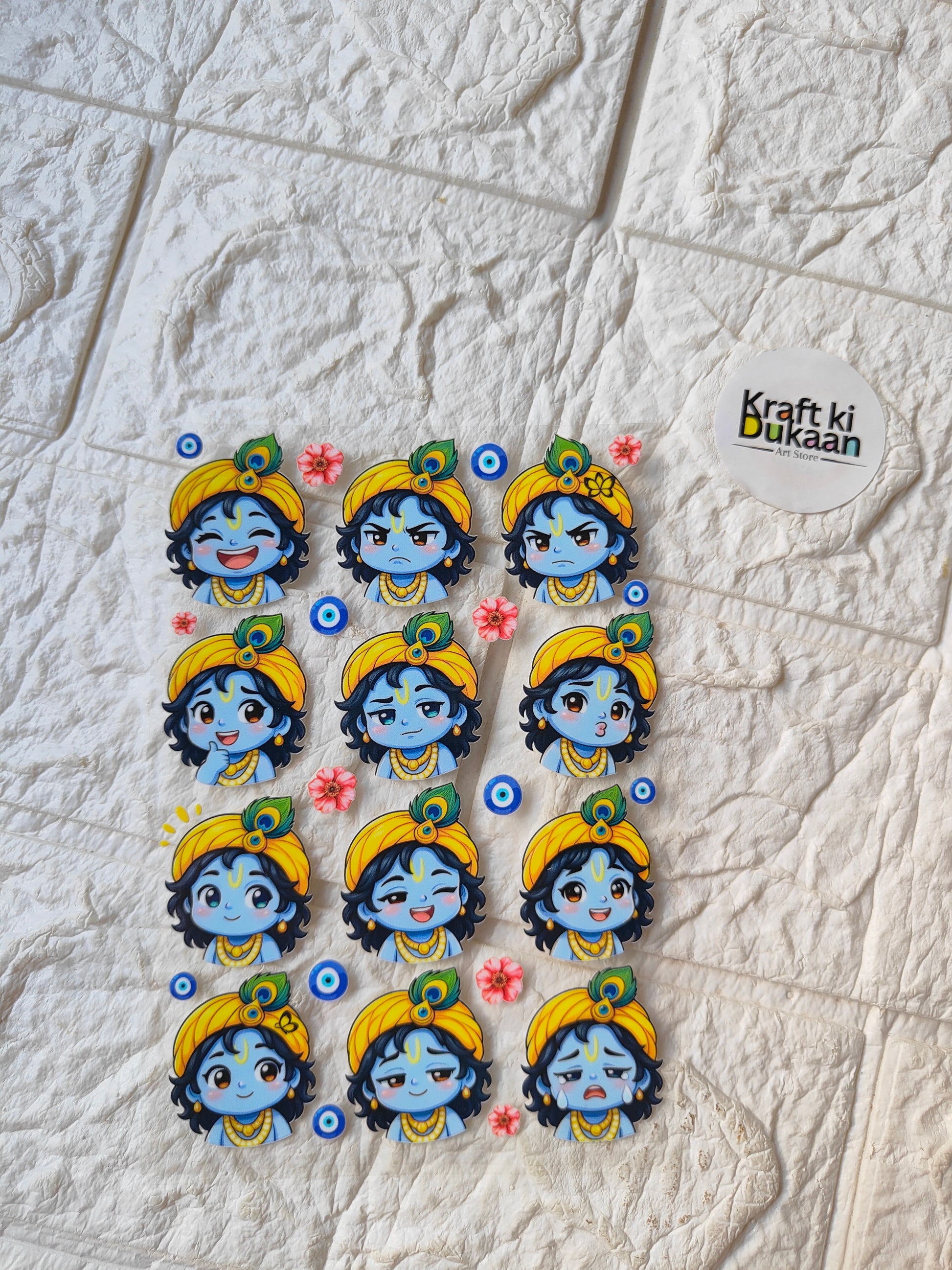 Cartoon girl peel-off sticker sheet with blue heads and flower accents
