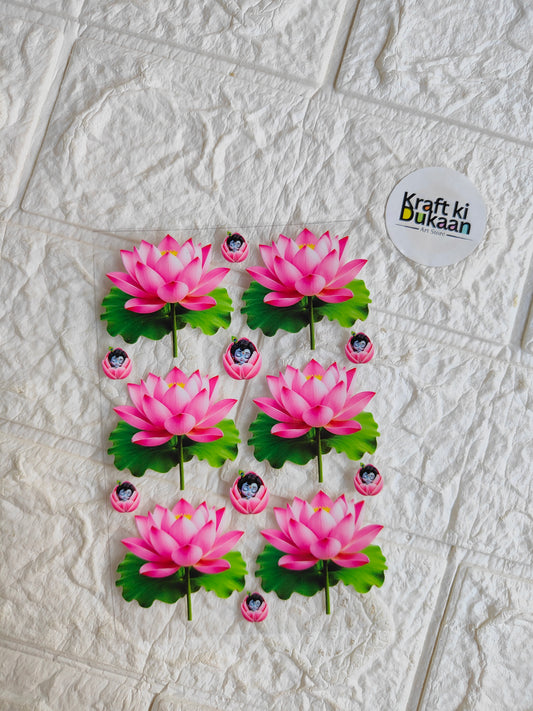 Peel-off sticker sheet with pink lotus flowers, green leaves, and oval centers