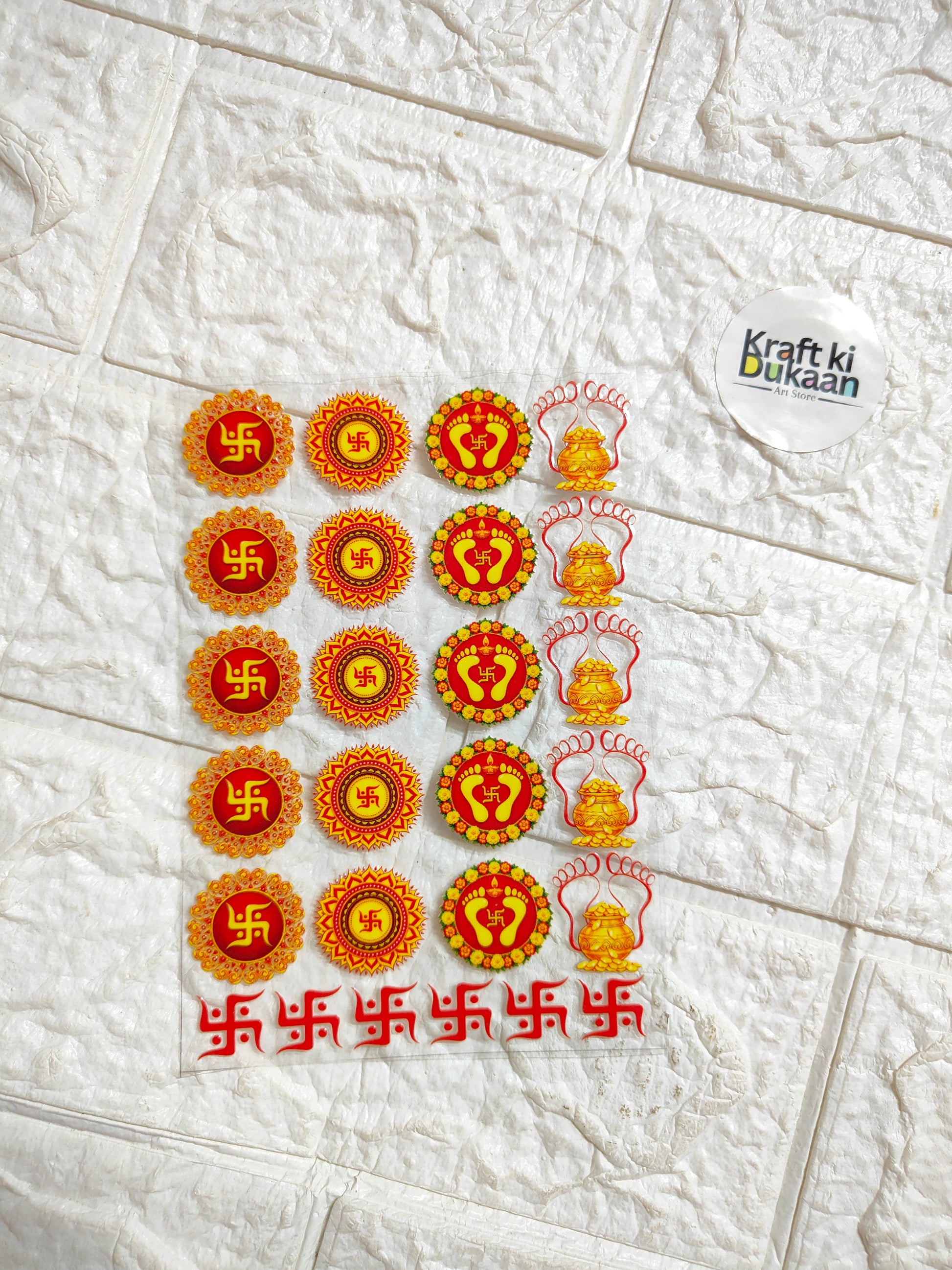 Diwali sticker sheet with orange-gold rangoli and diya peel-off decals, Kraft ki Dukaan