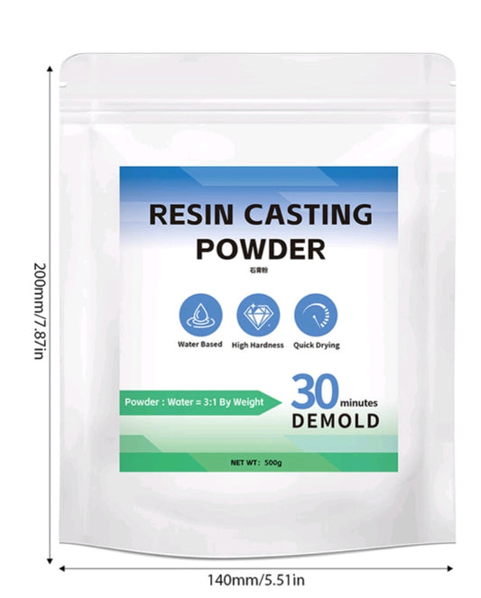 Resin casting powder bag, white pouch with green/blue label and 500 g net weight