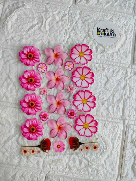 Peel-off UV DTF sticker sheet with pink and magenta flower designs