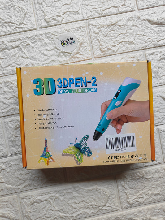 3D pen kit box with specs and hand holding blue 3D printing pen