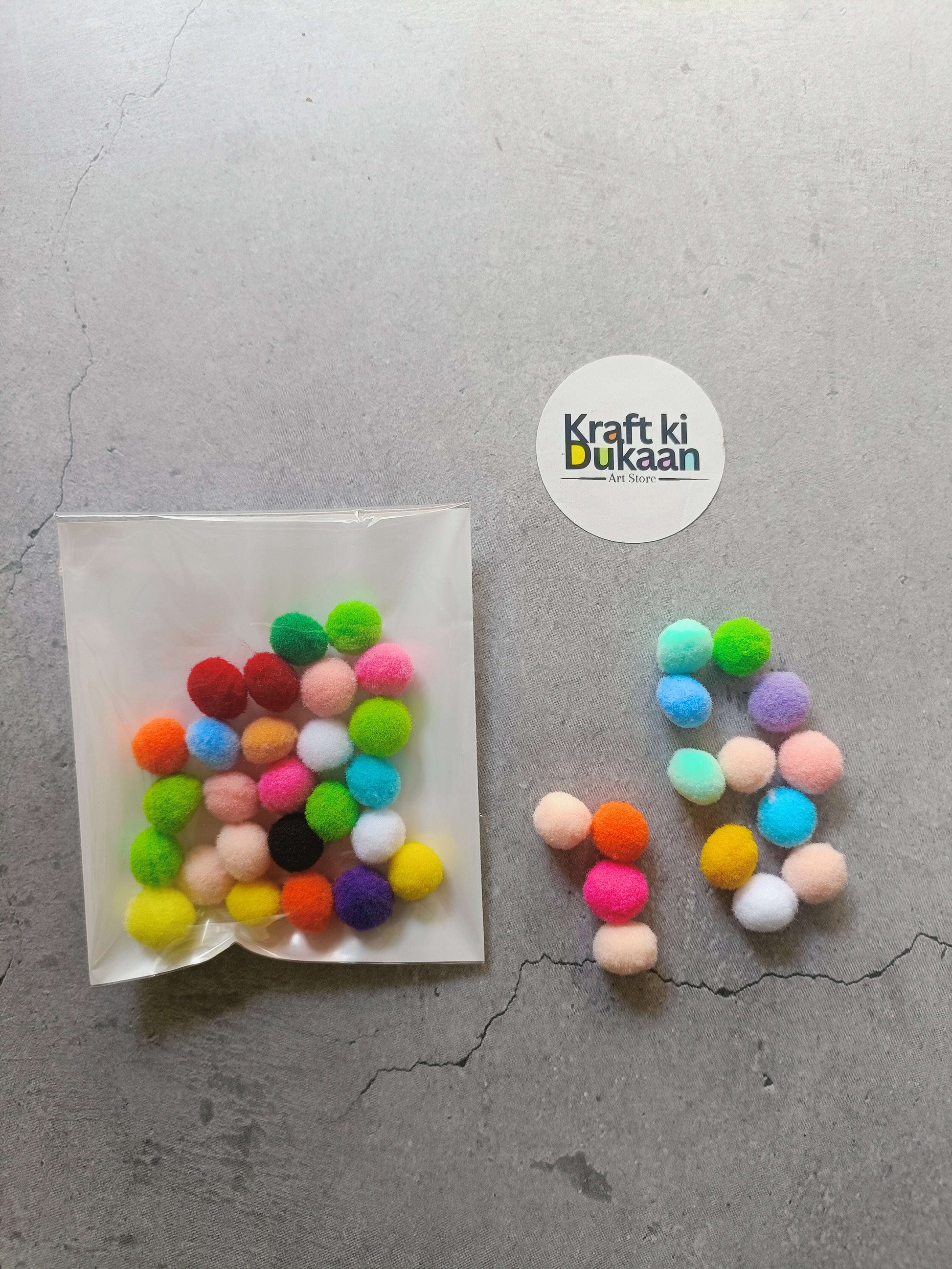 Small multicolor pompom balls, 1 cm assorted fuzzy balls in a clear bag