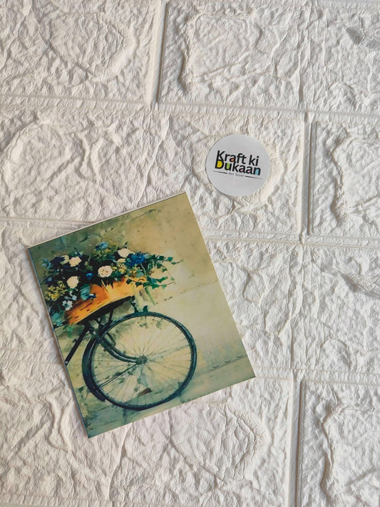 Mini colour sticker sheet with bike and floral illustration, square