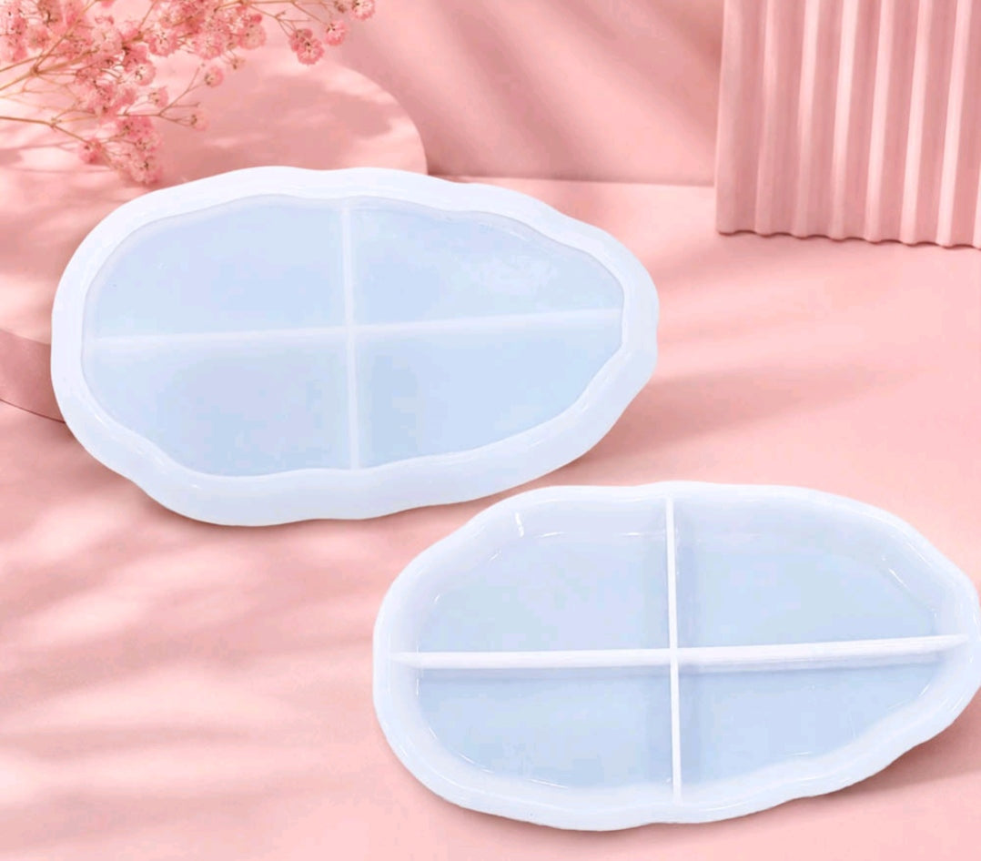 Oval tray mould, pale blue silicone with cross divider and oval cavities