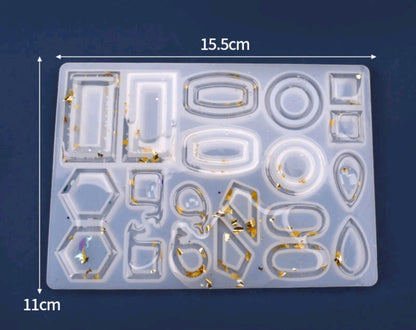 Rectangular resin casting mould with 20 cavities for jewelry shapes, clear plastic tray