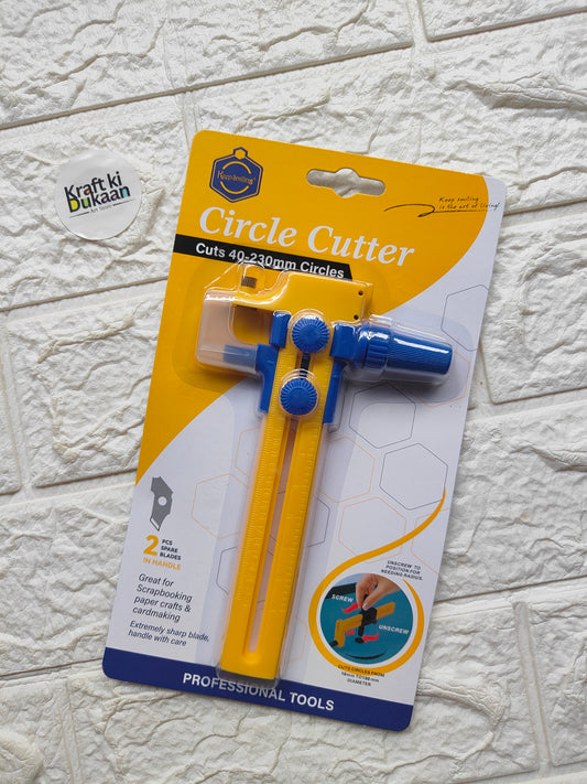 Blue circle cutter tool with yellow handle and adjustable cutting wheel