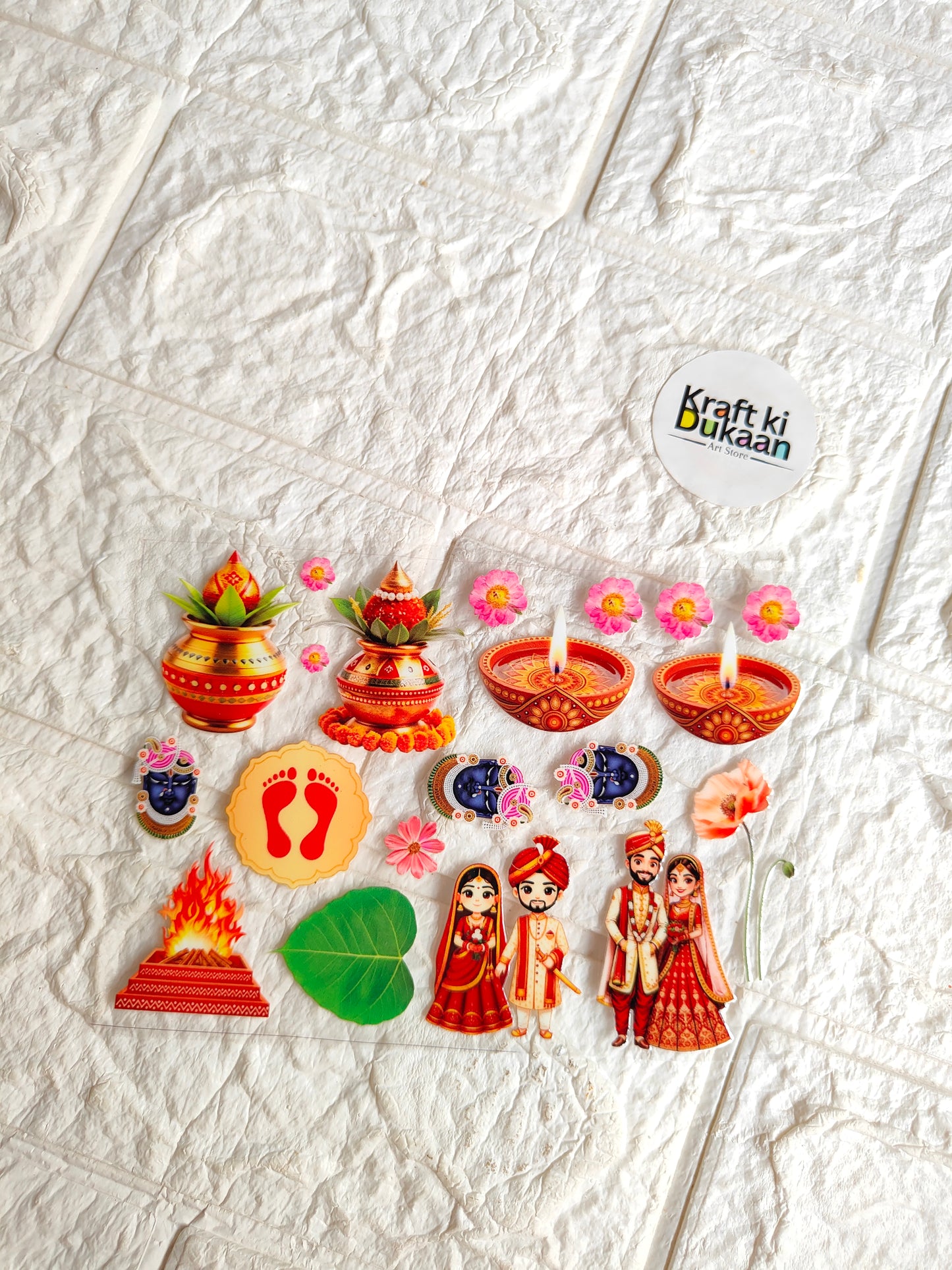UV DTF peel-off sticker sheet with colorful candle, doll, and flower designs