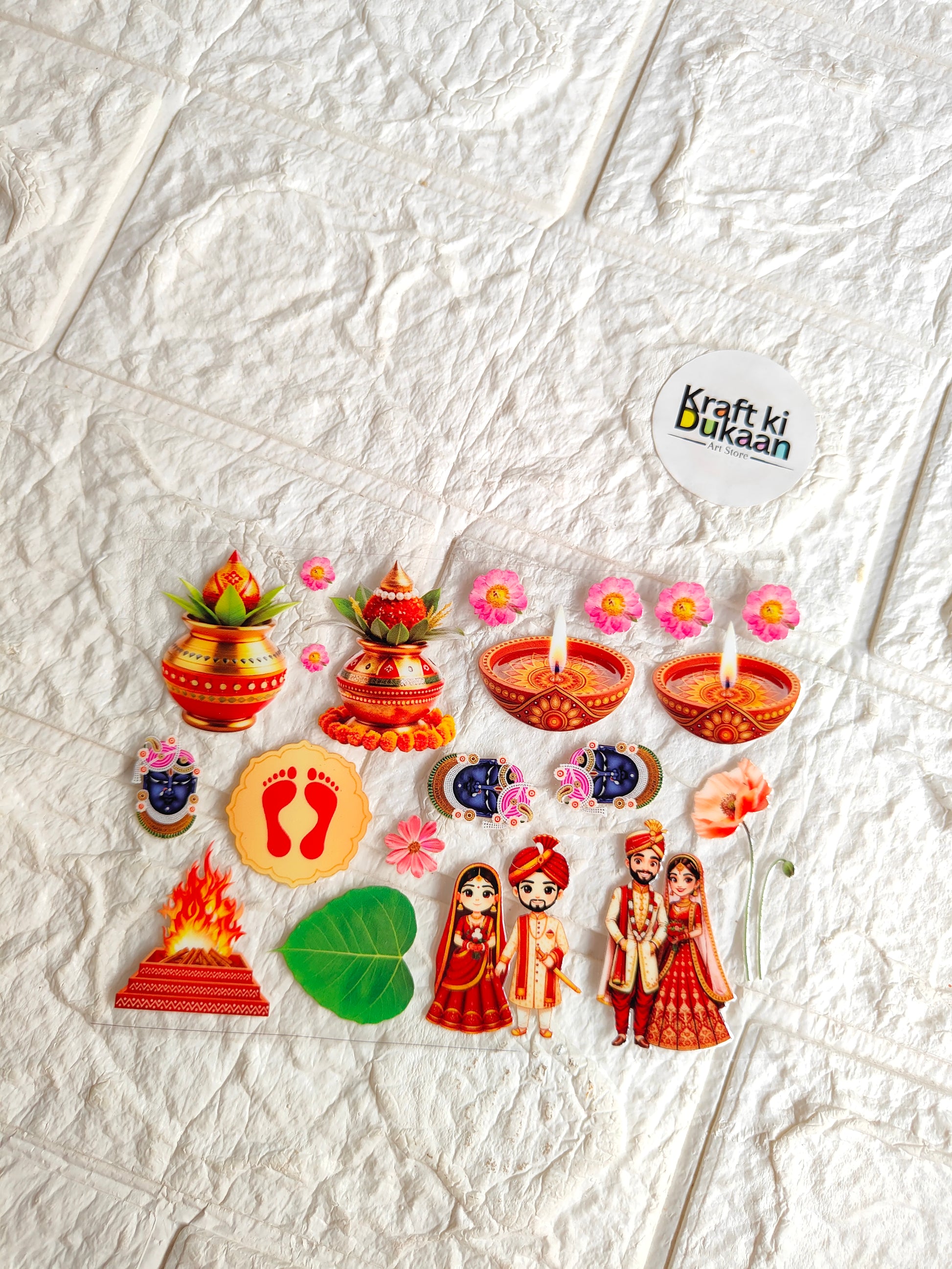 UV DTF peel-off sticker sheet with colorful candle, doll, and flower designs