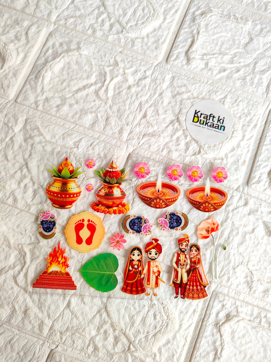 UV DTF peel-off sticker sheet with colorful candle, doll, and flower designs