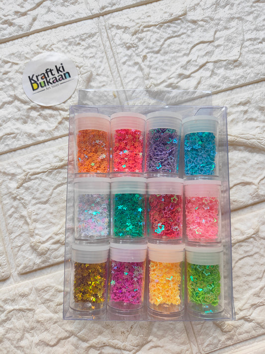Star-shaped PVC sequin set in clear organizer with assorted color glitter bottles