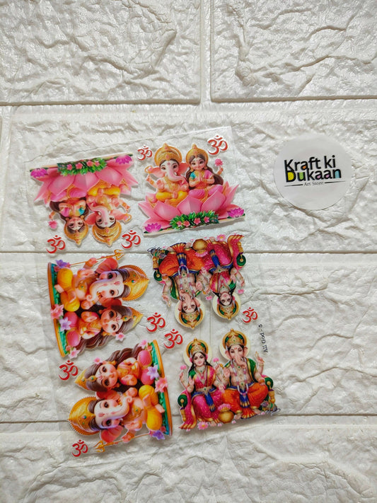 Peel-off sticker sheet with colorful Hindu deity figures and small circular 3J symbols