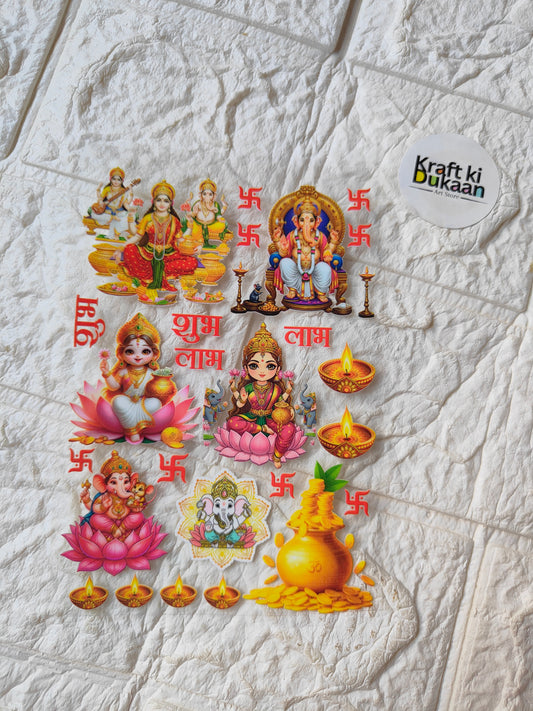 Peel-off sticker sheet with multicolor Hindu deity and diya designs