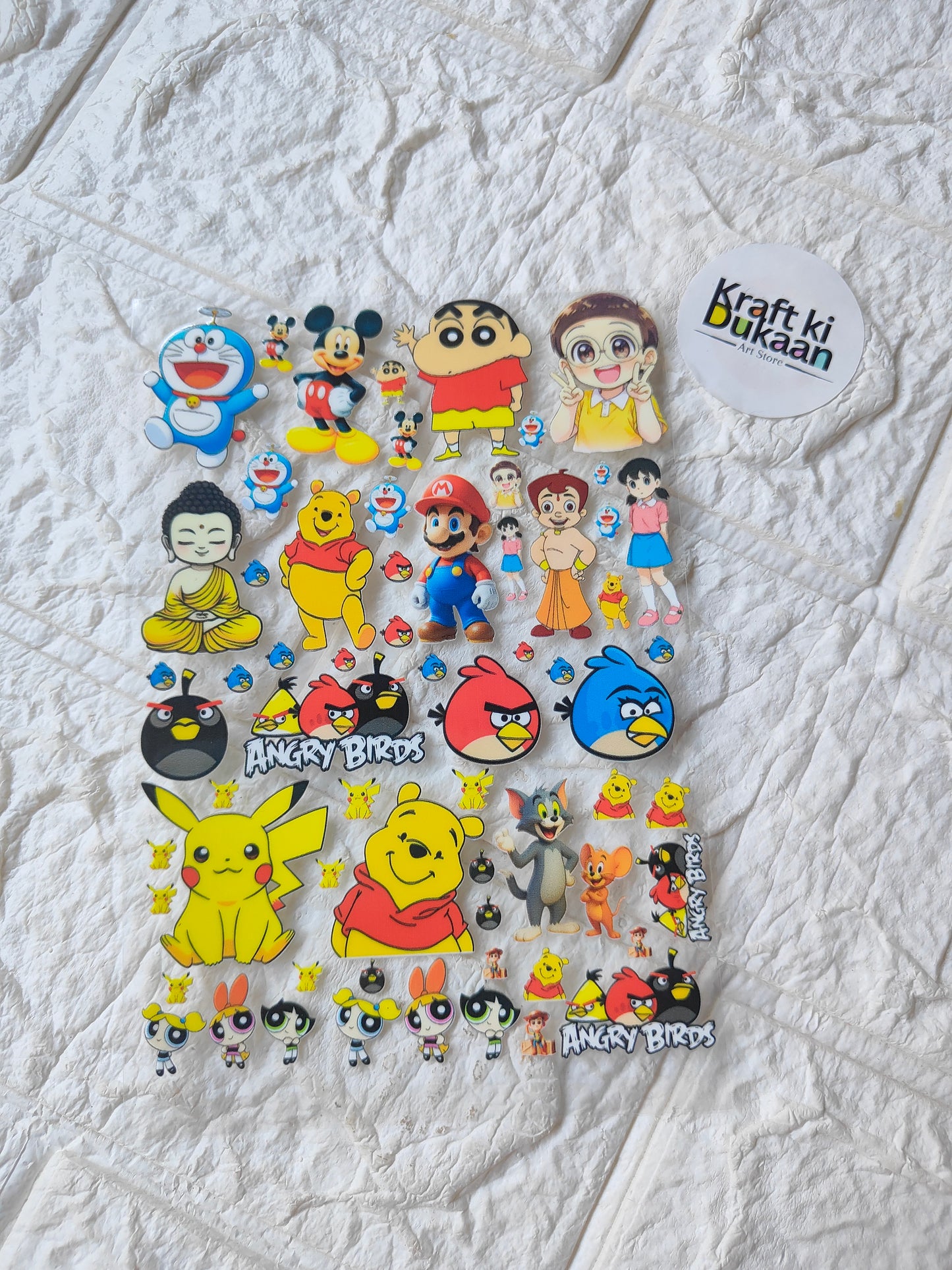 Sheet of colorful cartoon character peel-off stickers, assorted faces and animals