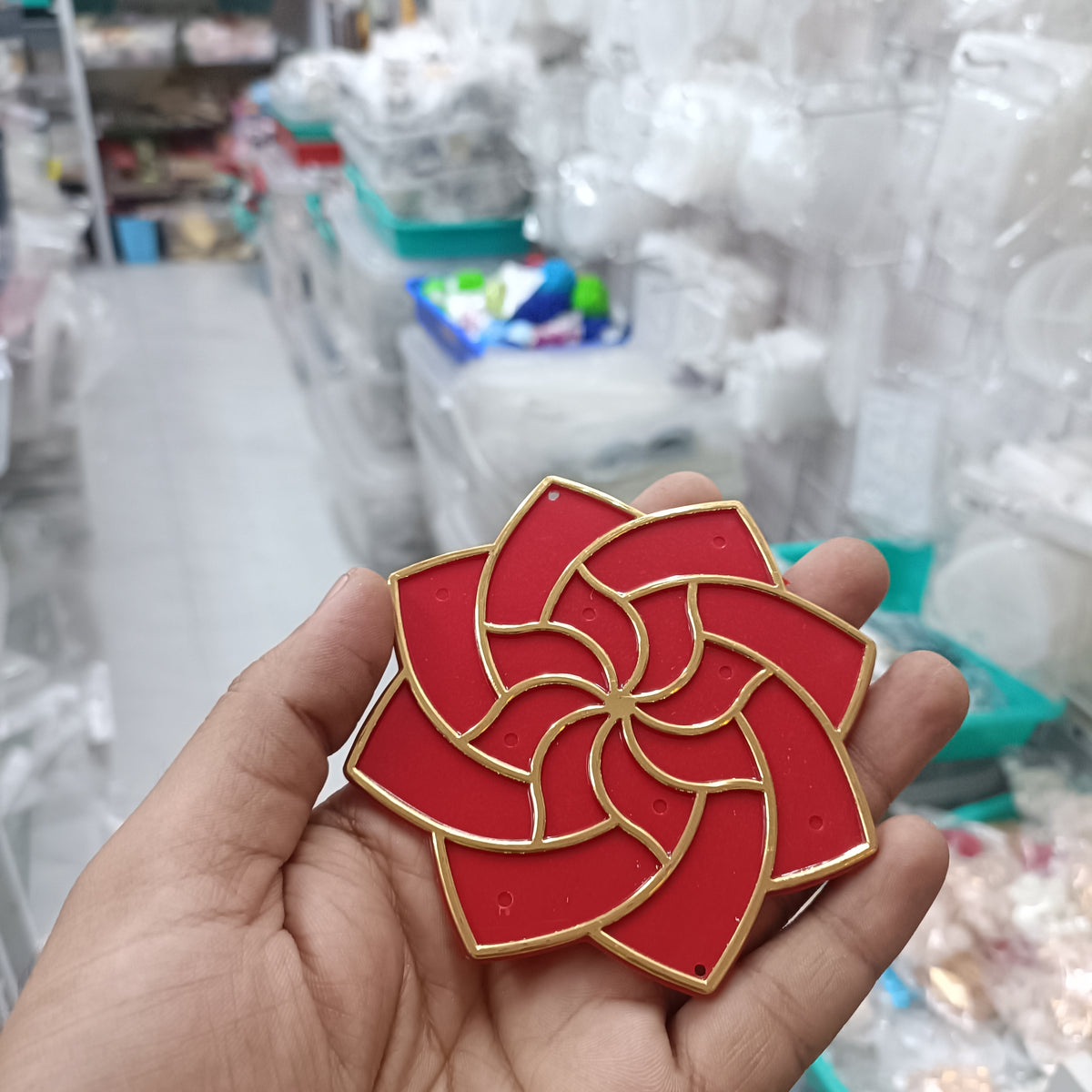 4-inch acrylic rangoli tealight base, red petals with gold outline—set of 2