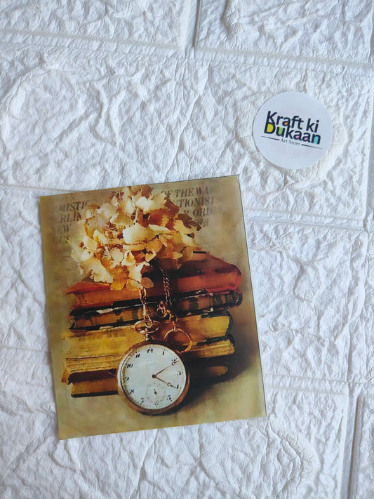 Mini colour sticker sheet with vintage clock and stacked books illustration