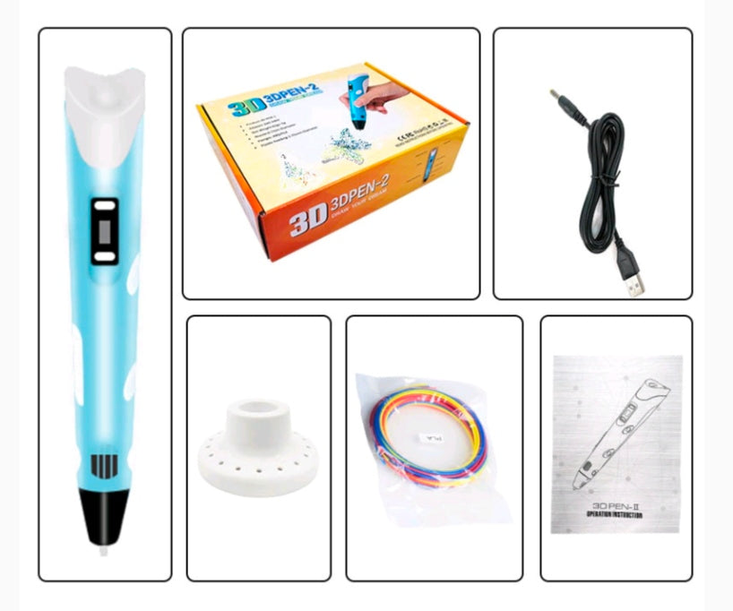 Blue 3D printing pen with black tip, power cord, nozzle stand and color filament spool