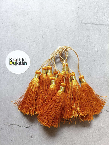 Silk tassel set of 12 mustard/golden brown tassels with gold caps and hanging loops