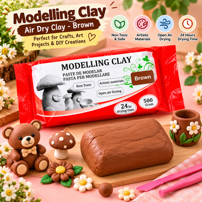 Brown air-dry modelling clay pack with clay slab, mushrooms, flowers, and tools