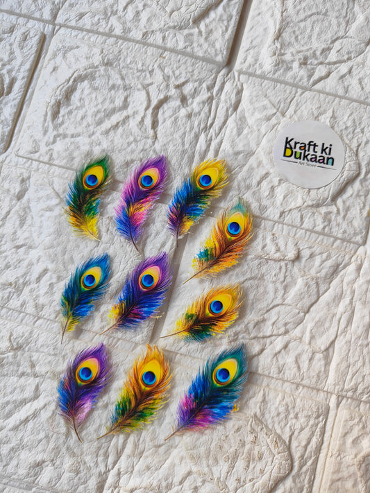 UV DTF peel-off sticker sheet with colorful peacock feather designs, sheet logo included