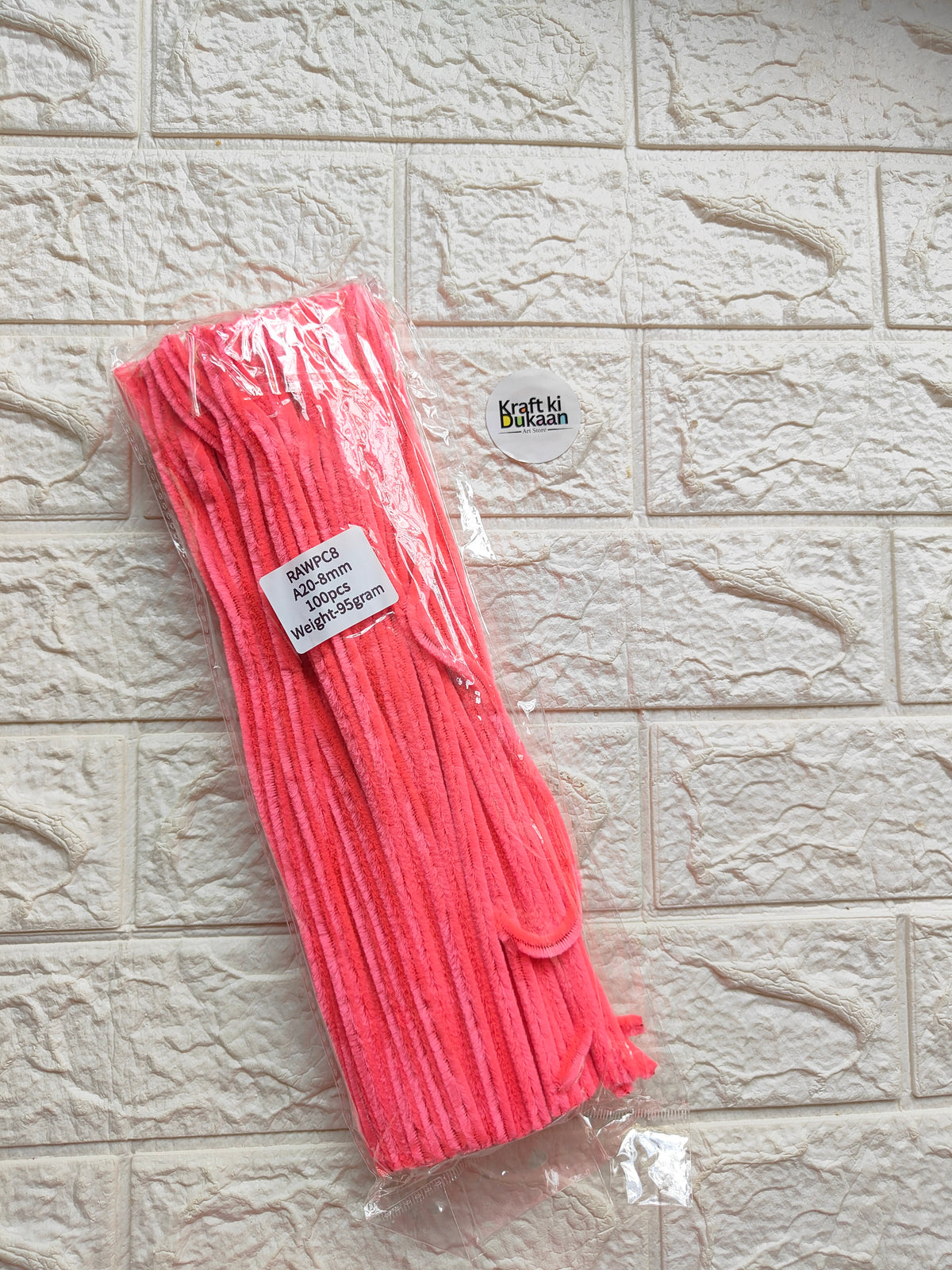 Coral red pipe cleaners, 8mm stems, packed in clear plastic with label