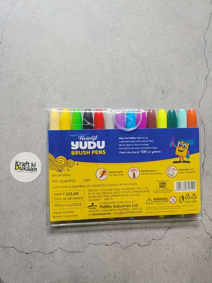 Packaged Fevicryl Yudu brush pens with assorted colors in a clear box