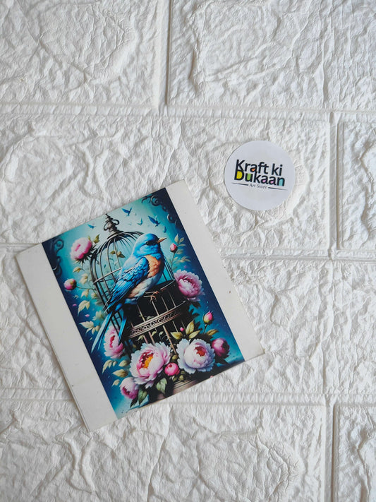 Mini colour sticker sheet with blue bird in cage and floral accents