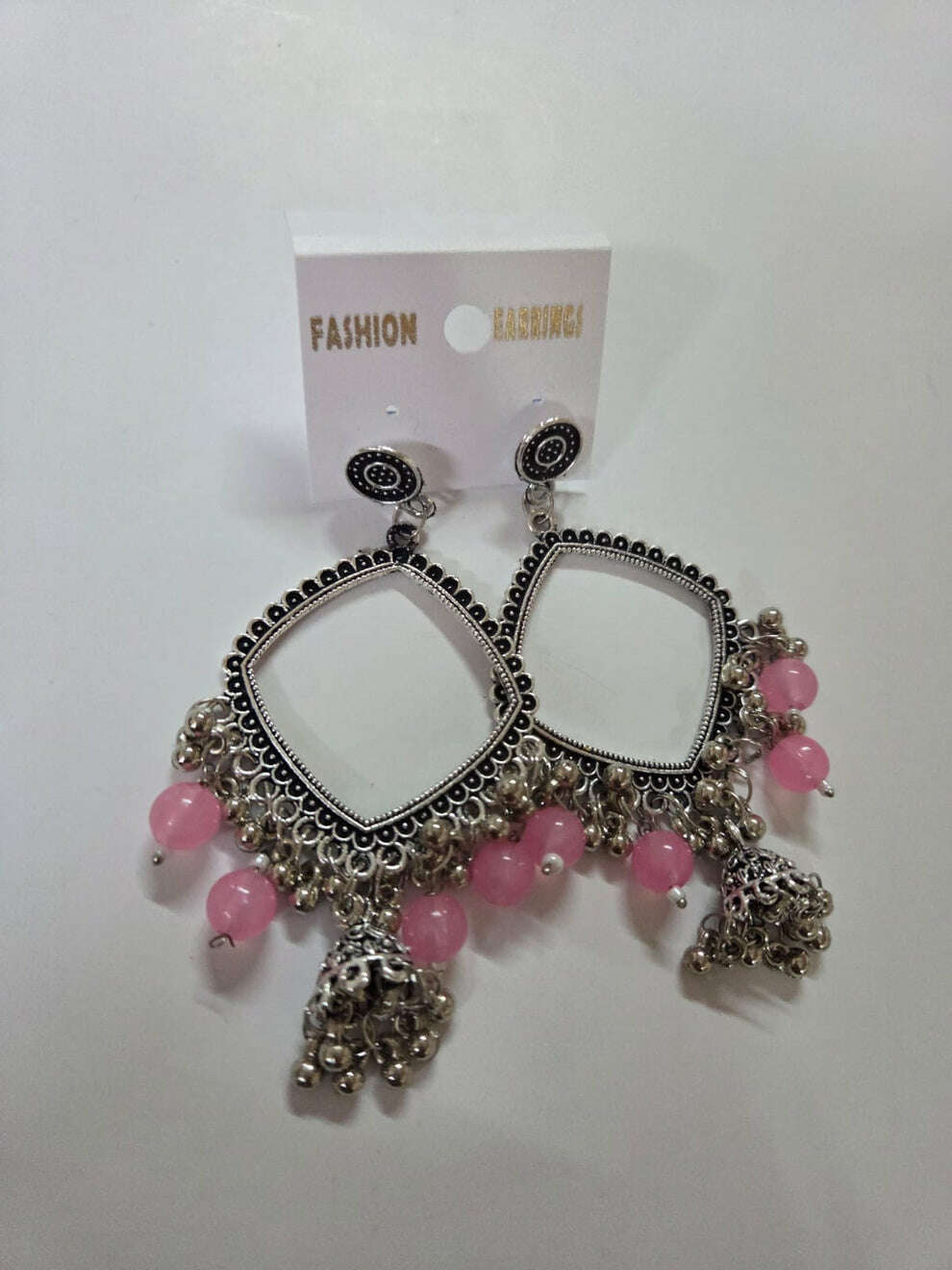 Kashmiri square jhumka earrings with pink beads and silver-tone dangling jhumki