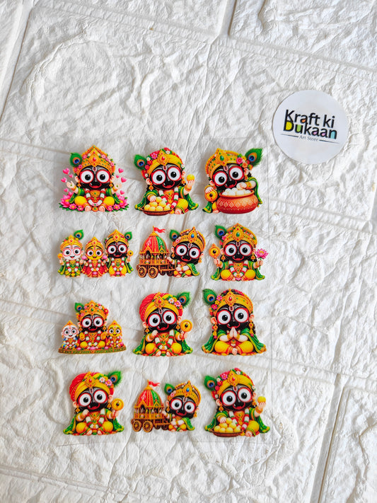 Peel-off sticker sheet with nine colorful cartoon deity figurines