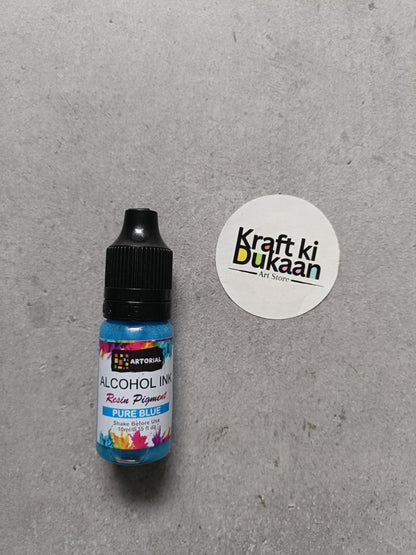 Alcohol ink bottle with black cap, pure blue resin pigment label