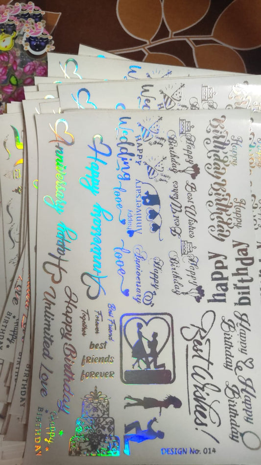 Holographic sticker sheet with assorted script designs and small icons