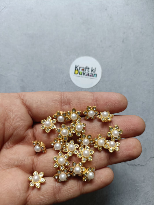 Gold pearl diamond beads pack with round gold settings and white pearl centers
