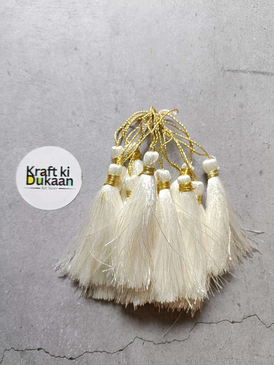 Silk tassel set of 12 off-white tassels with gold caps and hanging loops