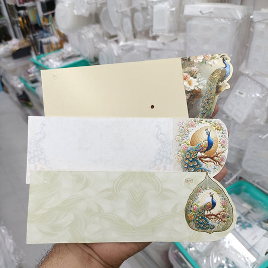 Pack of 12 cream rakhi greeting cards with decorative peacock-and-floral designs