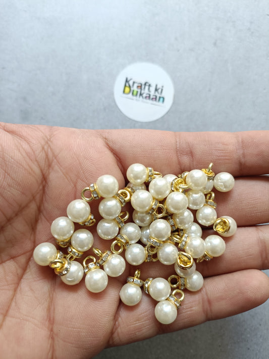 8mm pearl beads with gold cap rhinestone charms, small round pearl beads