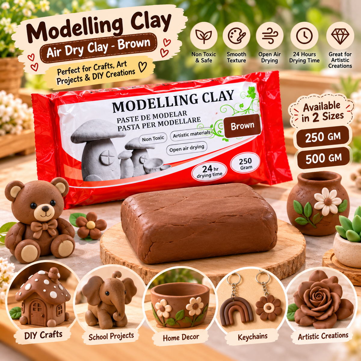 Brown air-dry modelling clay pack with sculpted clay pieces and tools