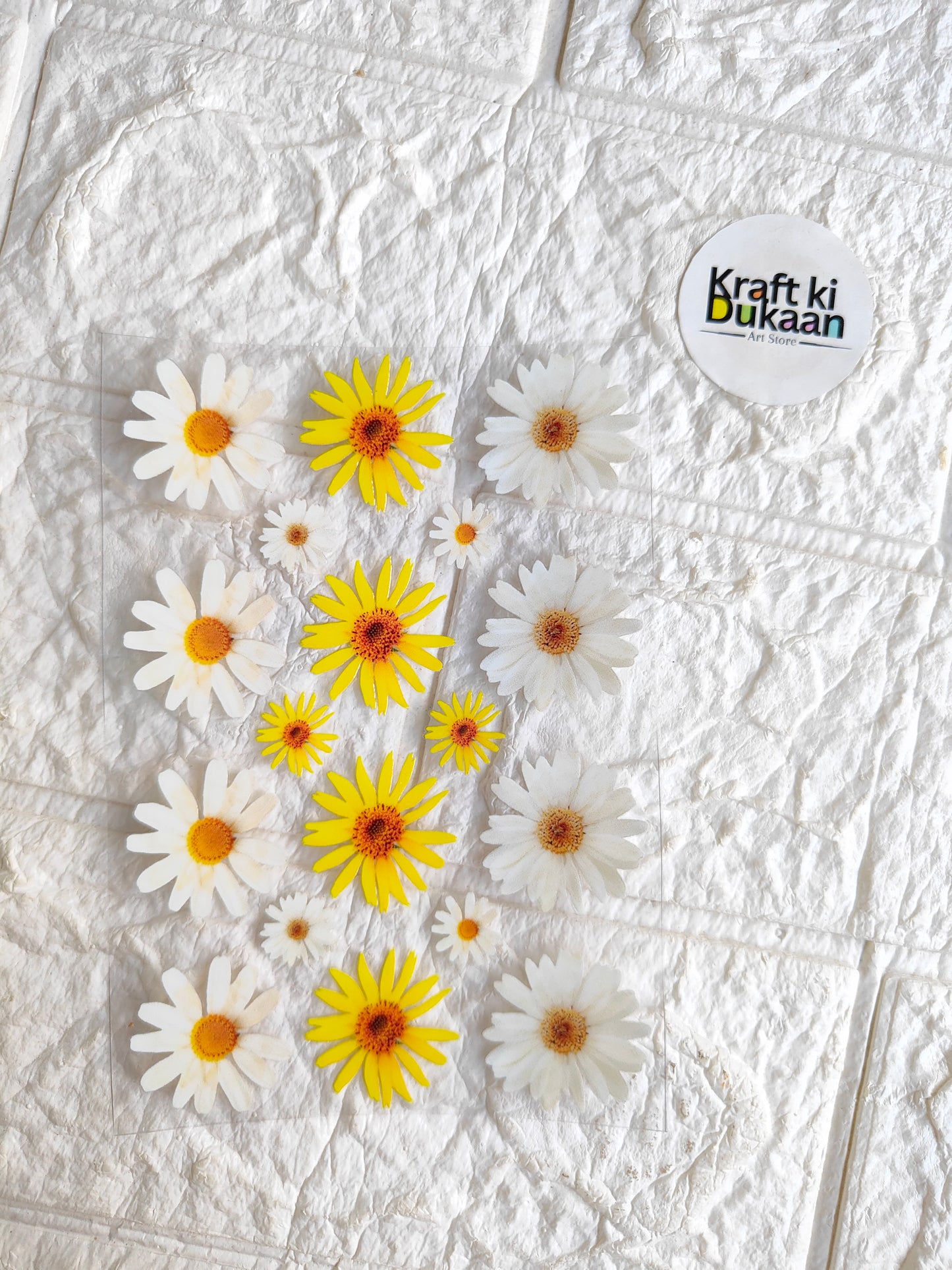 UV DTF peel-off sticker sheet with white and yellow daisy flower decals