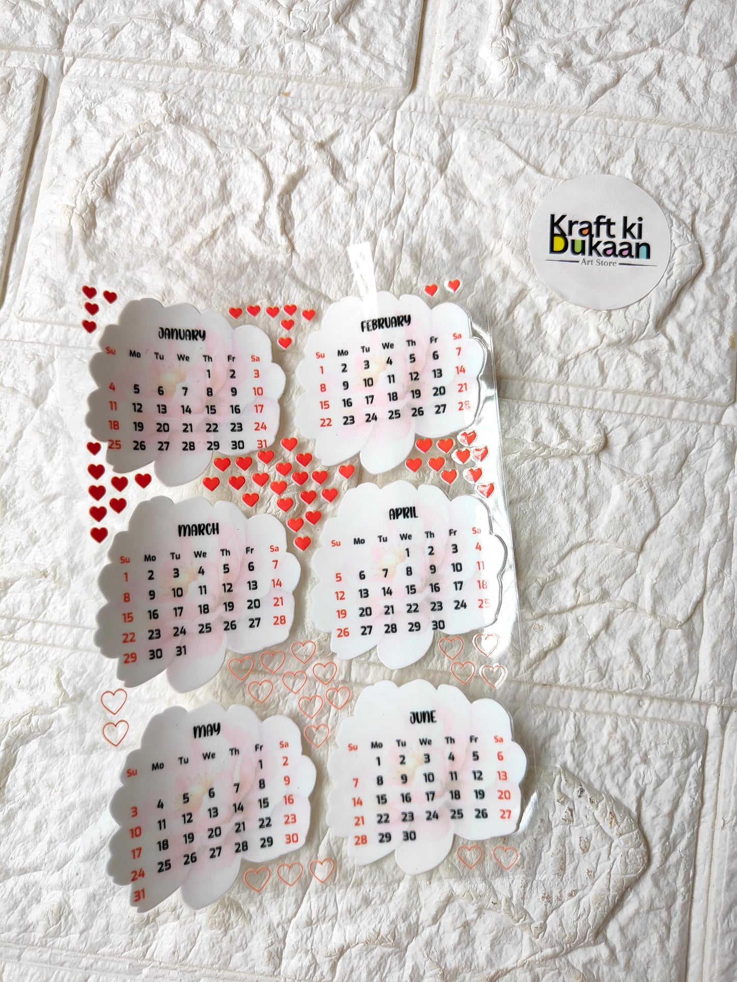 UV DTF peel-off sticker sheet with heart-themed monthly calendar date stickers