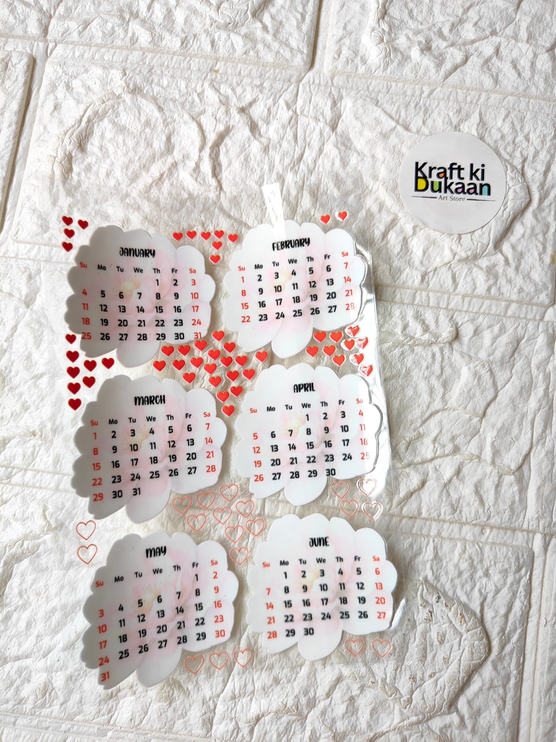 UV DTF peel-off sticker sheet with heart-themed monthly calendar date stickers