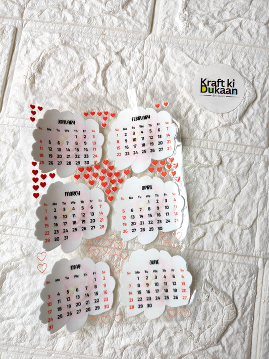 UV DTF peel-off sticker sheet with heart-themed monthly calendar date stickers