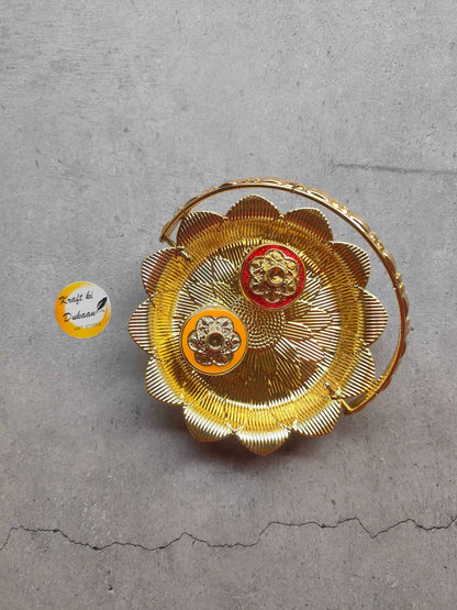 Golden Roli Chawal Plate for Pooja with Decorative Flowers and Elegant Design