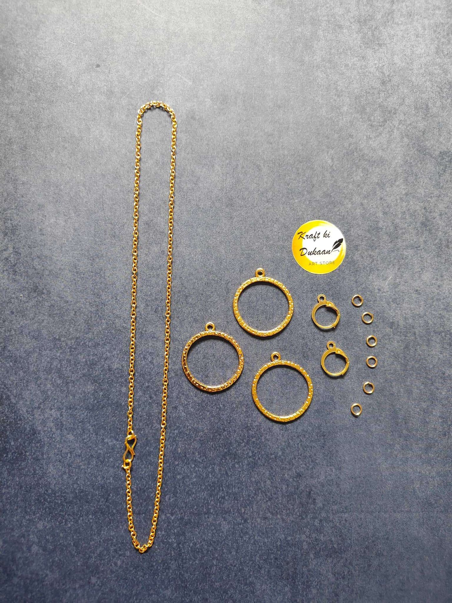 Gold round earring necklace set with long chain and round hoop earring frames