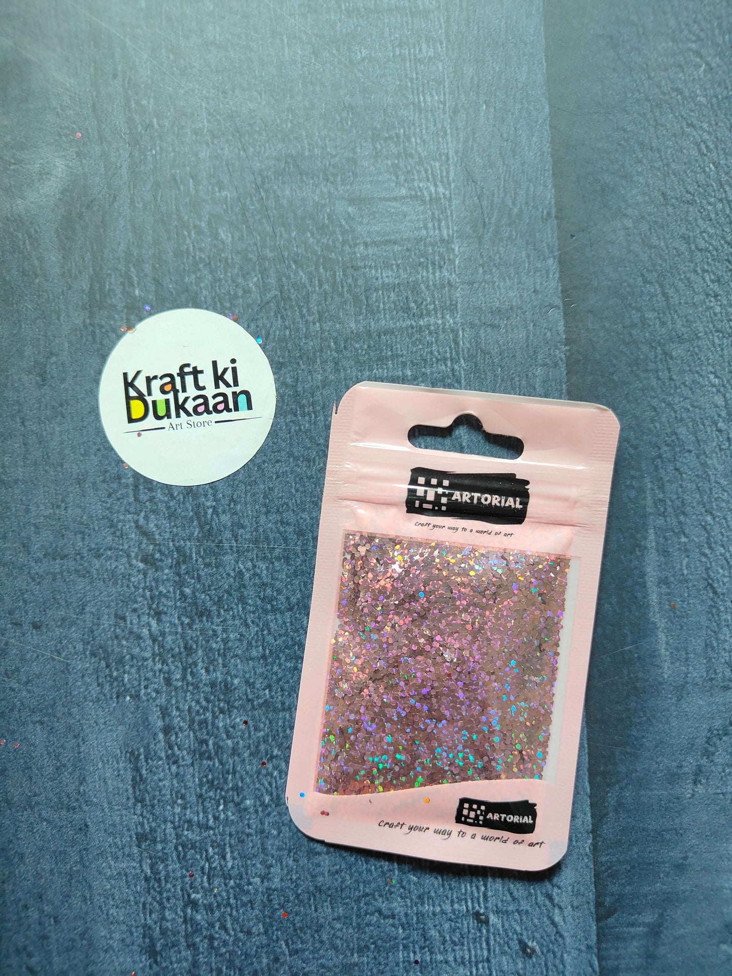 Glitter Shapes Sequins pack, rose gold hex shapes in a pink pouch