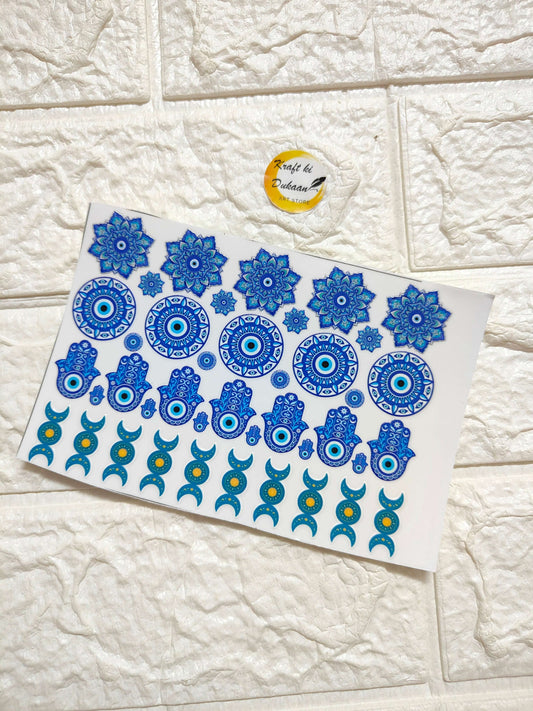 UV DTF peel-off sticker sheet J61 with blue mandala and flower designs