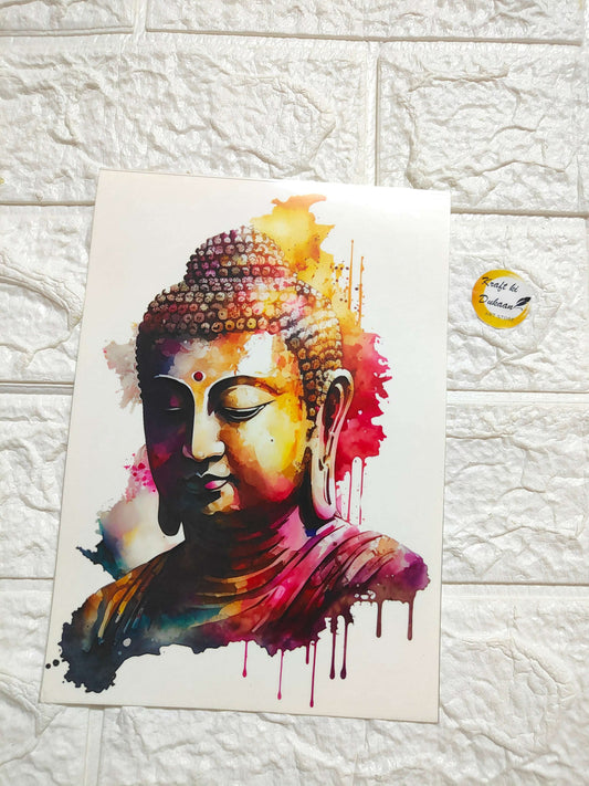 Buddha portrait sticker sheet with colorful watercolor-style art on white backing
