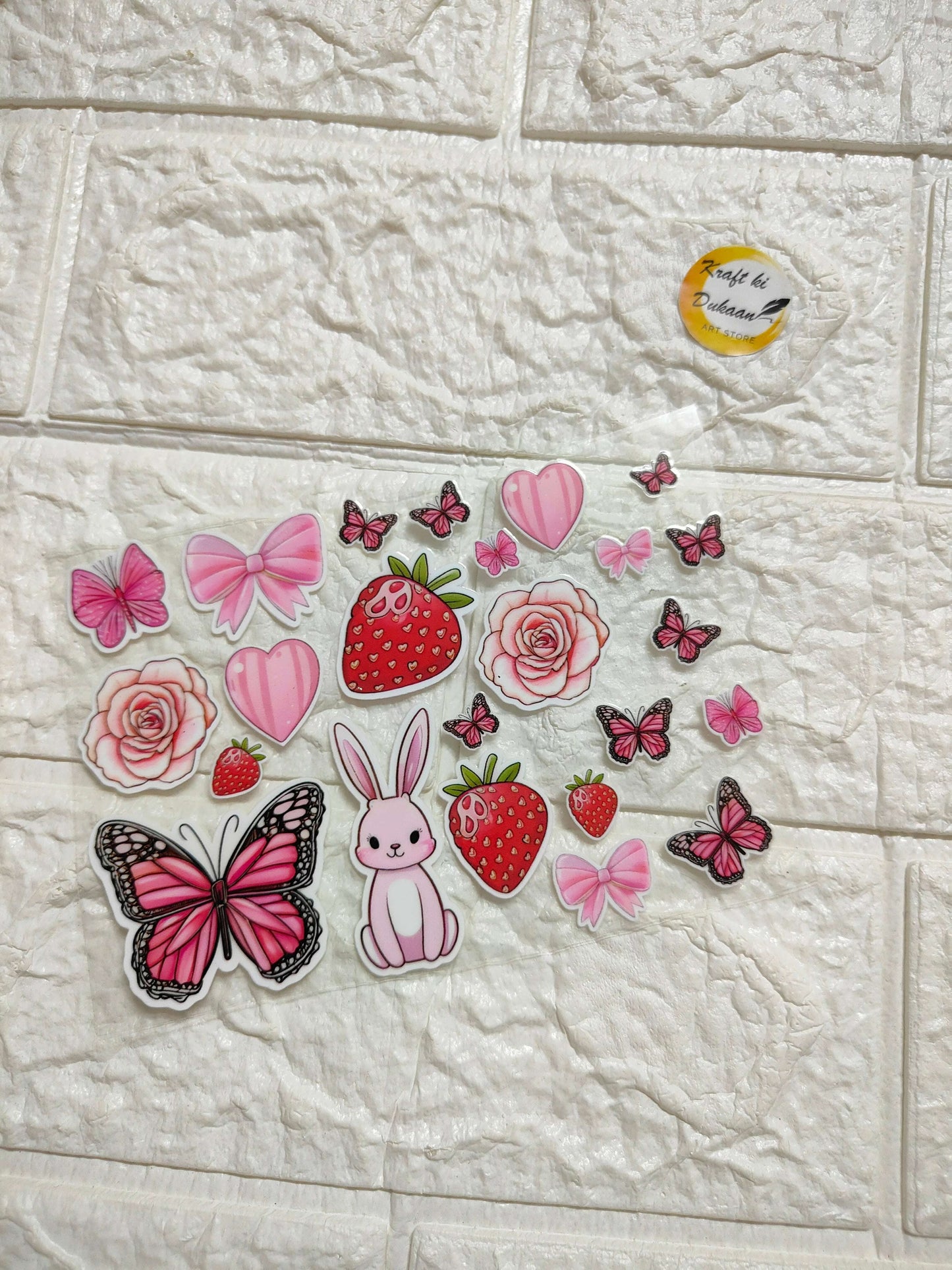 UV DTF peel-off sticker sheet J30 with pink butterflies, roses, hearts, strawberries, bunnies